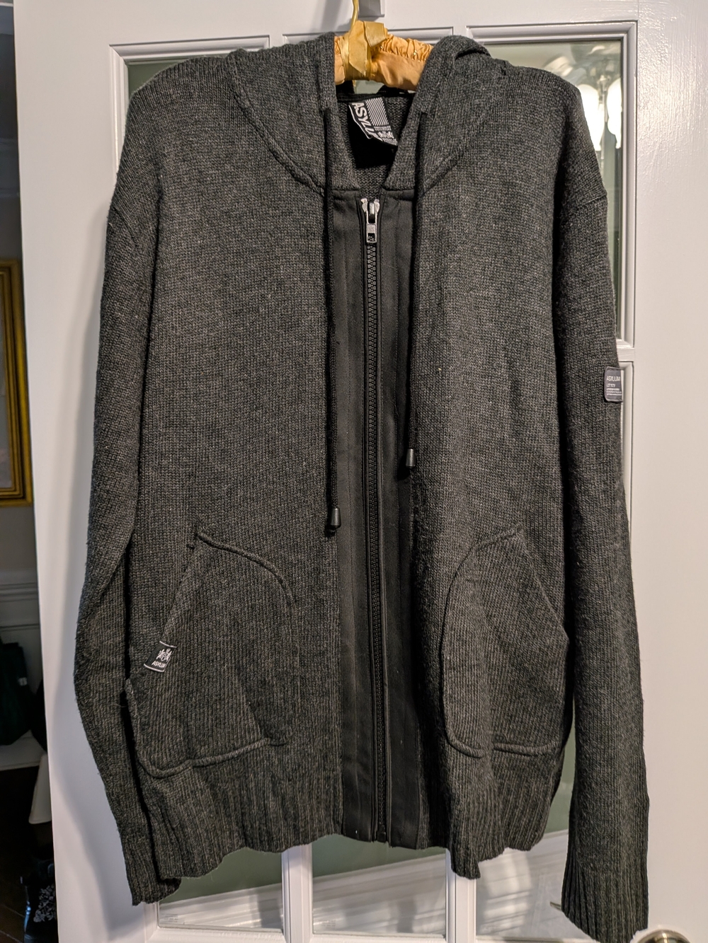 Vintage Asylum Mens Large Full Zip Knit Hoodie Gray Sweater Jacket Heavyweight